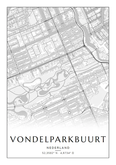 Poster van Amsterdam, de wijk Vondelparkbuurt, stadsposter in de stijl Zwart-wit