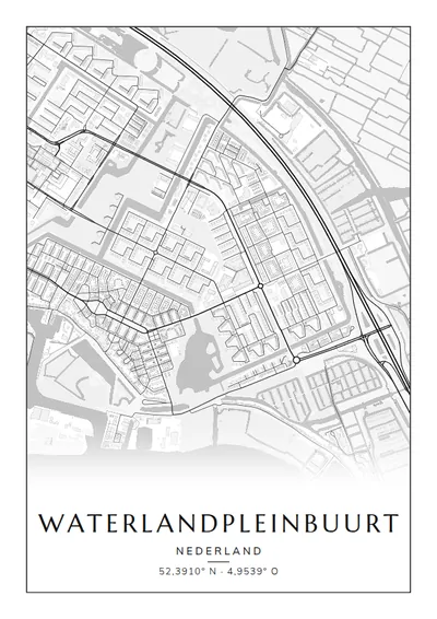 Poster van Amsterdam, de wijk Waterlandpleinbuurt, stadsposter in de stijl Zwart-wit