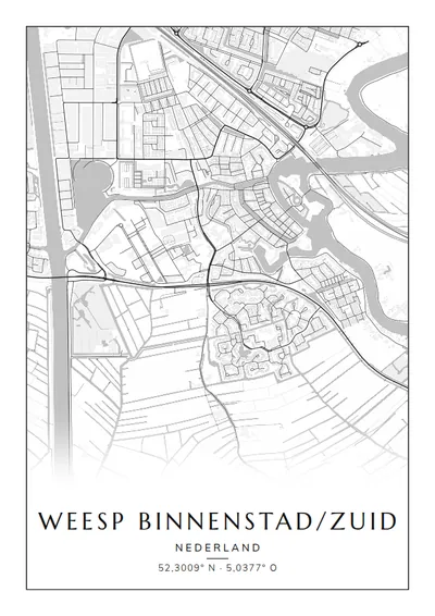 Poster van Amsterdam, de wijk Weesp Binnenstad/Zuid, stadsposter in de stijl Zwart-wit