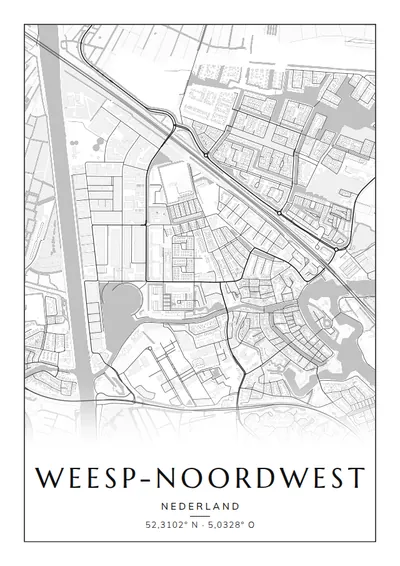 Poster van Amsterdam, de wijk Weesp-Noordwest, stadsposter in de stijl Zwart-wit