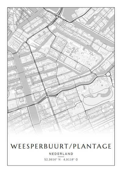 Poster van Amsterdam, de wijk Weesperbuurt/Plantage, stadsposter in de stijl Zwart-wit