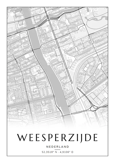 Poster van Amsterdam, de wijk Weesperzijde, stadsposter in de stijl Zwart-wit