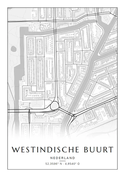Poster van Amsterdam, de wijk Westindische Buurt, stadsposter in de stijl Zwart-wit