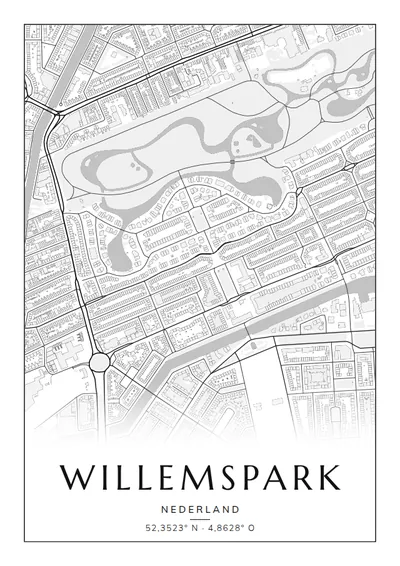 Poster van Amsterdam, de wijk Willemspark, stadsposter in de stijl Zwart-wit