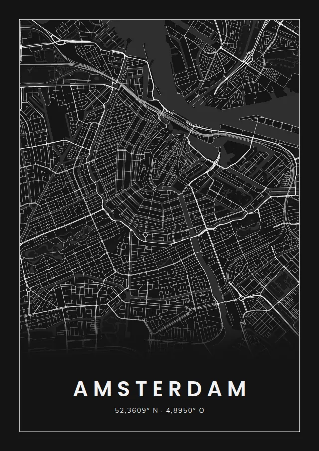 Poster van Amsterdam, de hele stad, stadsposter in de stijl Wit op zwart