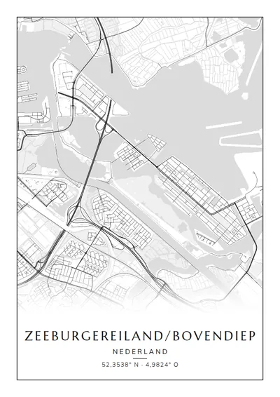 Poster van Amsterdam, de wijk Zeeburgereiland/Bovendiep, stadsposter in de stijl Zwart-wit