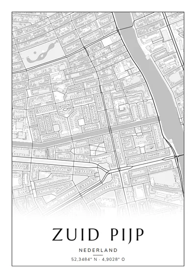 Poster van Amsterdam, de wijk Zuid Pijp, stadsposter in de stijl Zwart-wit