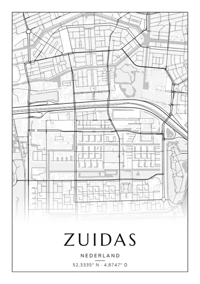 Poster van Amsterdam, de wijk Zuidas, stadsposter in de stijl Zwart-wit