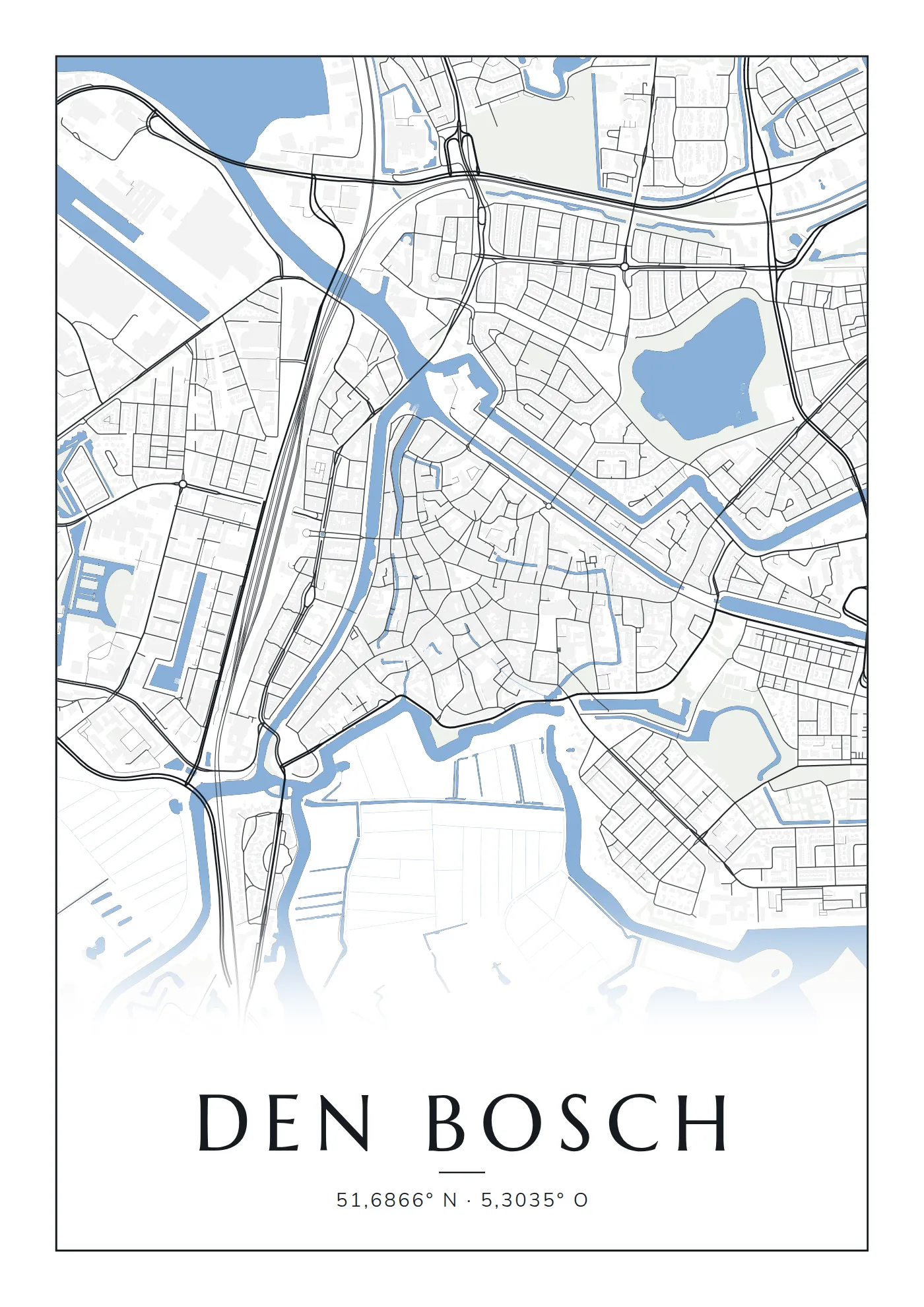 Poster van Den Bosch, de hele stad, stadsposter in de stijl Blauw water