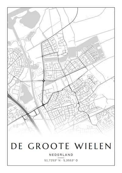Poster van Den Bosch, de wijk De Groote Wielen, stadsposter in de stijl Zwart-wit