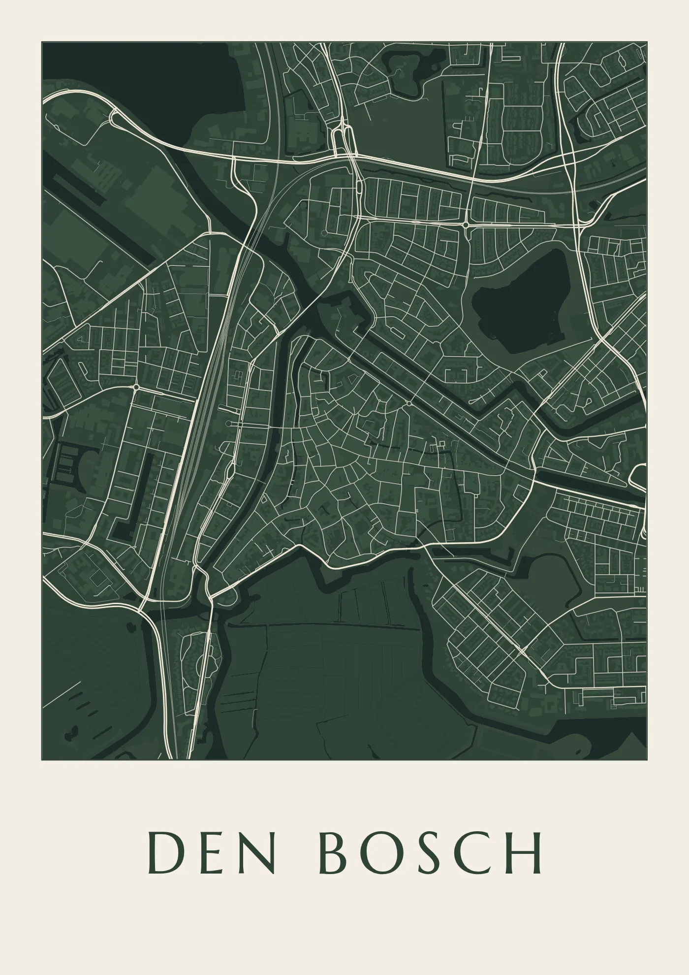 Poster van Den Bosch, de hele stad, stadsposter in de stijl Diep groen