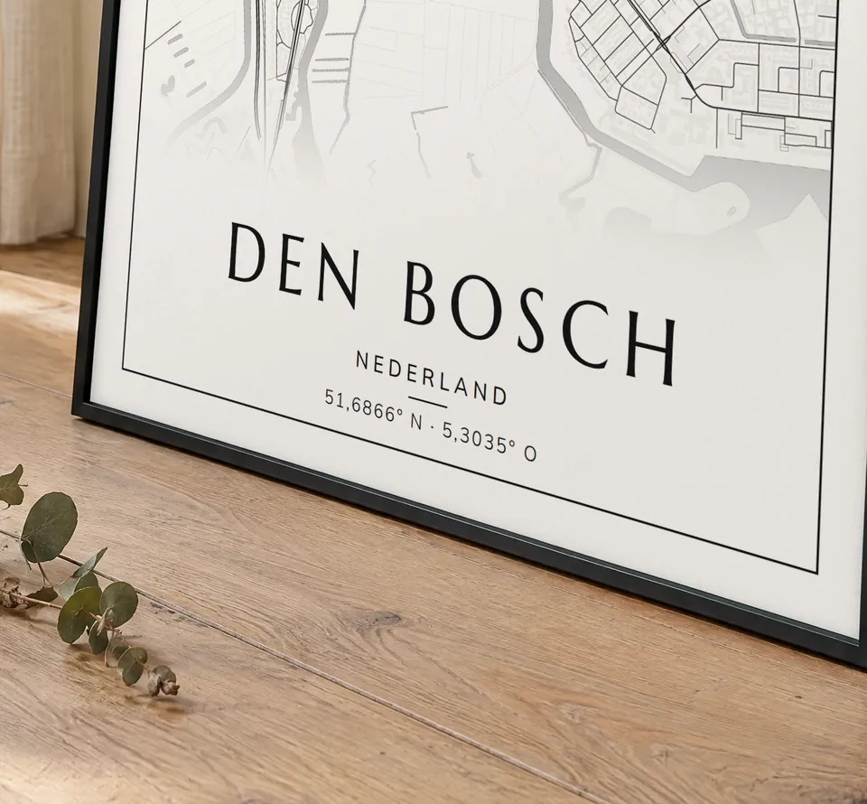 Poster van Den Bosch, de hele stad, stadsposter in de stijl Klassiek, in een zwarte lijst