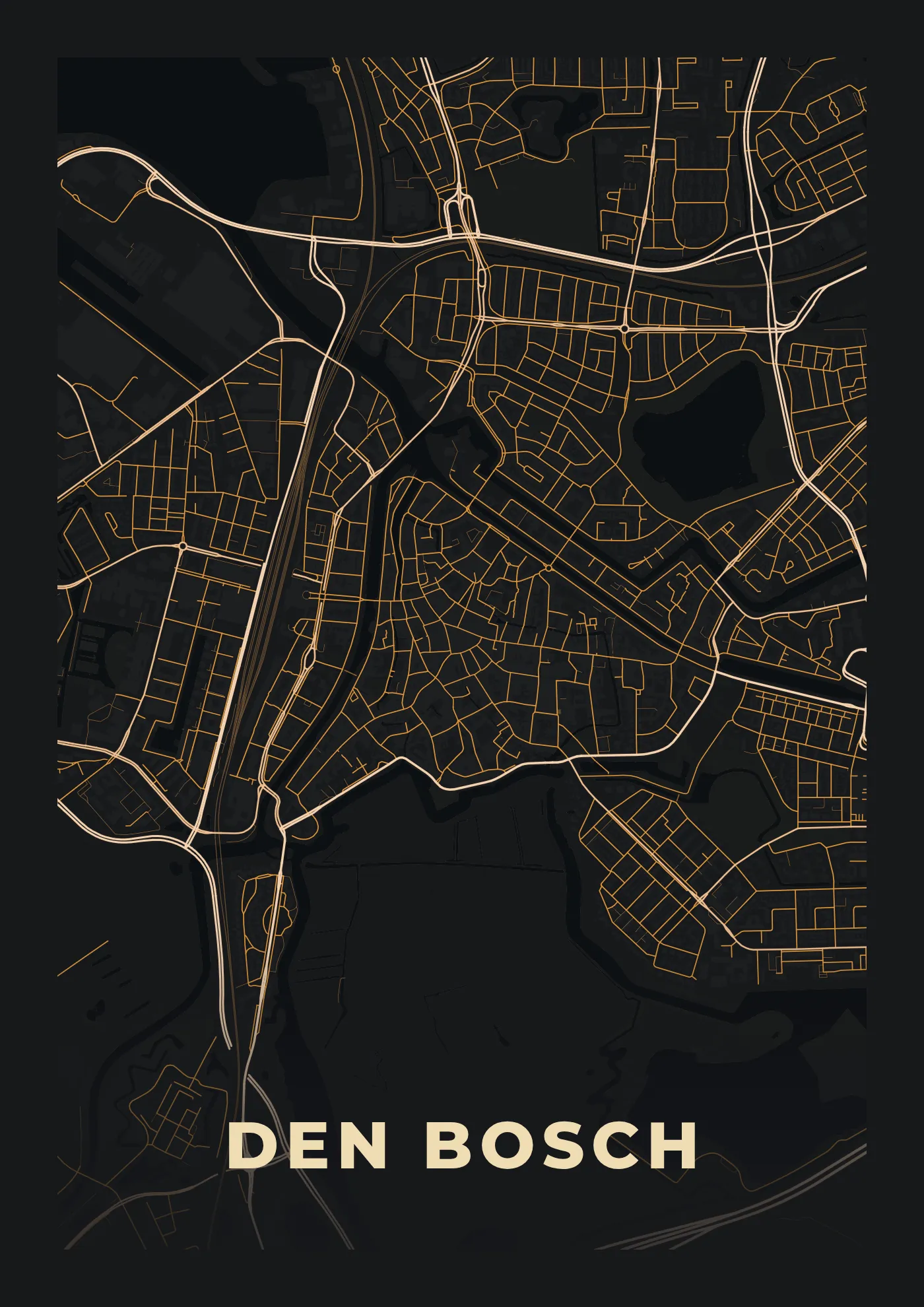 Poster van Den Bosch, de hele stad, stadsposter in de stijl Stad bij nacht