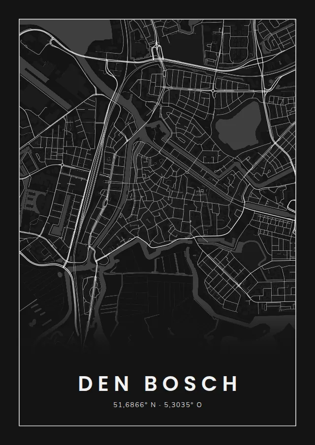 Poster van Den Bosch, de hele stad, stadsposter in de stijl Wit op zwart