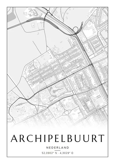 Poster van Den Haag, de wijk Archipelbuurt, stadsposter in de stijl Zwart-wit