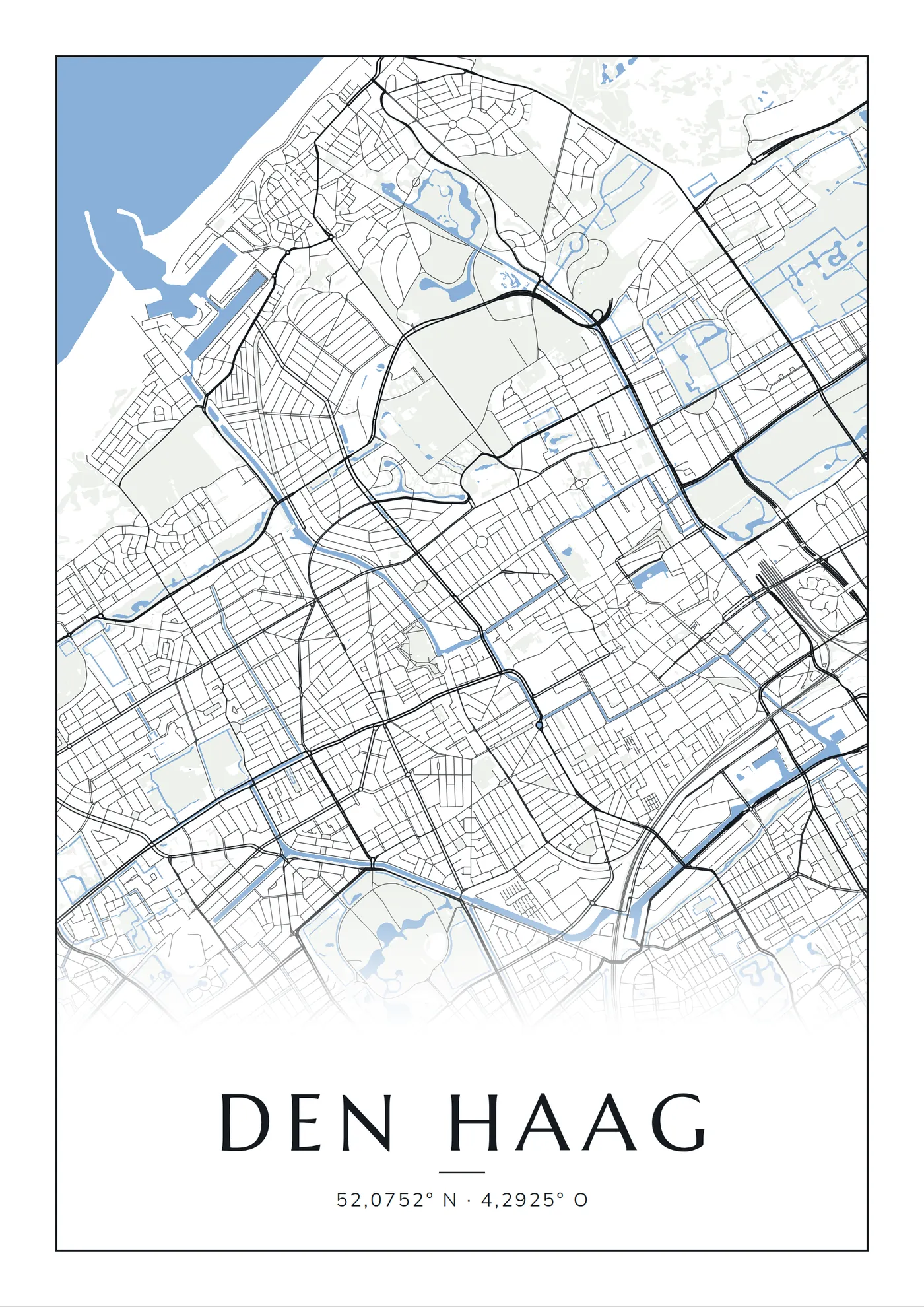 Poster van Den Haag, de hele stad, stadsposter in de stijl Blauw water