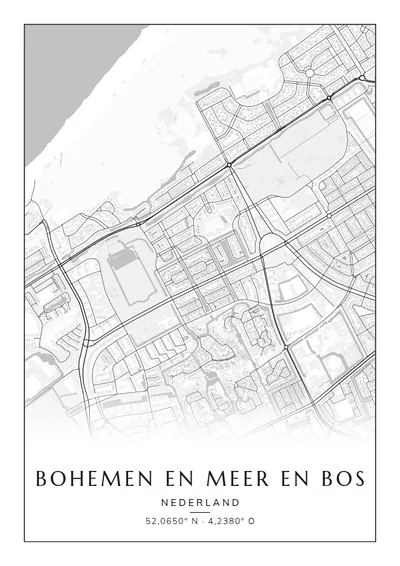 Poster van Den Haag, de wijk Bohemen en Meer en Bos, stadsposter in de stijl Zwart-wit