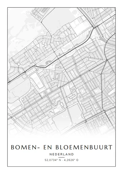 Poster van Den Haag, de wijk Bomen- en Bloemenbuurt, stadsposter in de stijl Zwart-wit