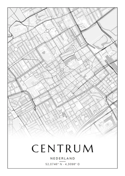 Poster van Den Haag, de wijk Centrum, stadsposter in de stijl Zwart-wit