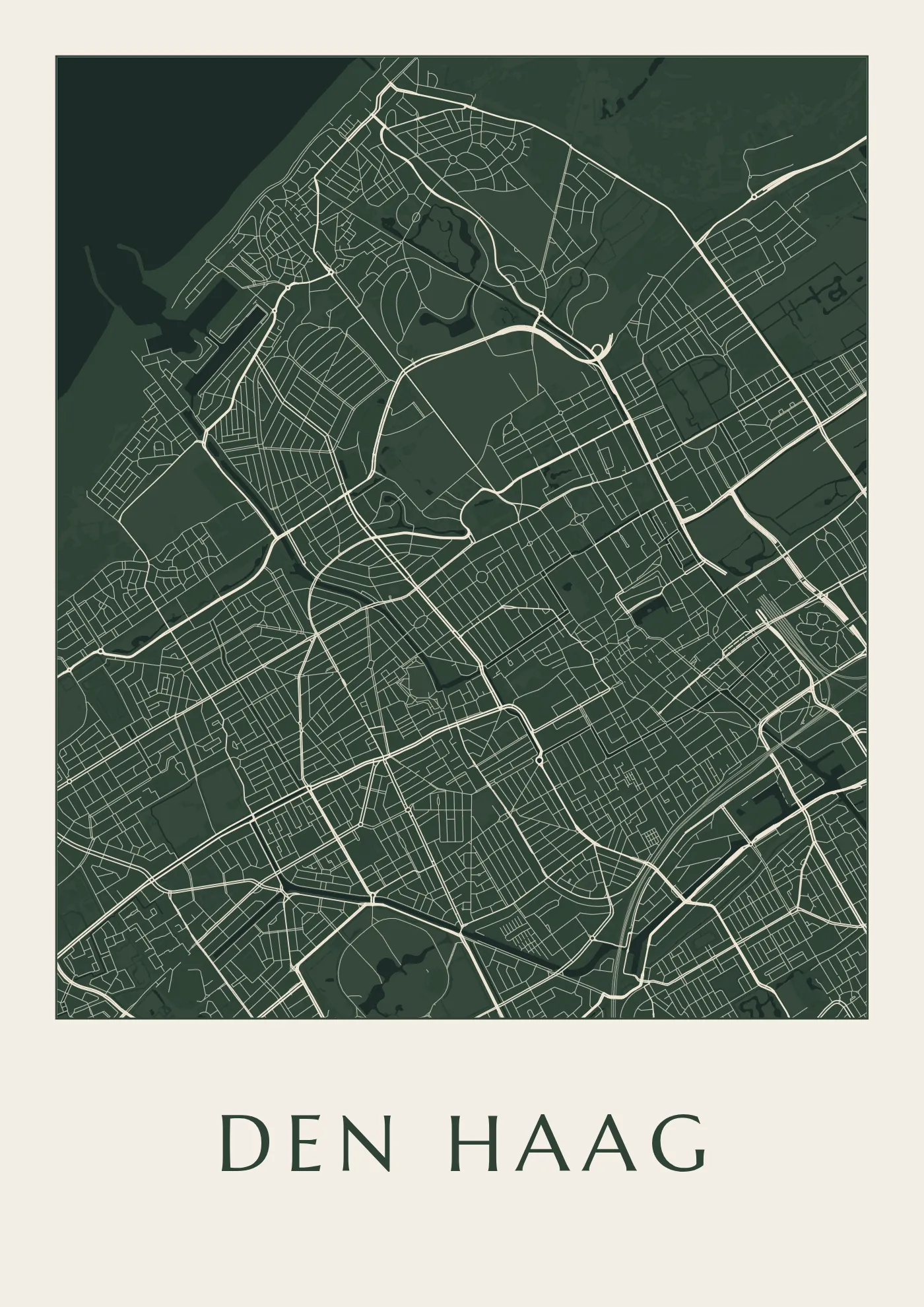 Poster van Den Haag, de hele stad, stadsposter in de stijl Diep groen