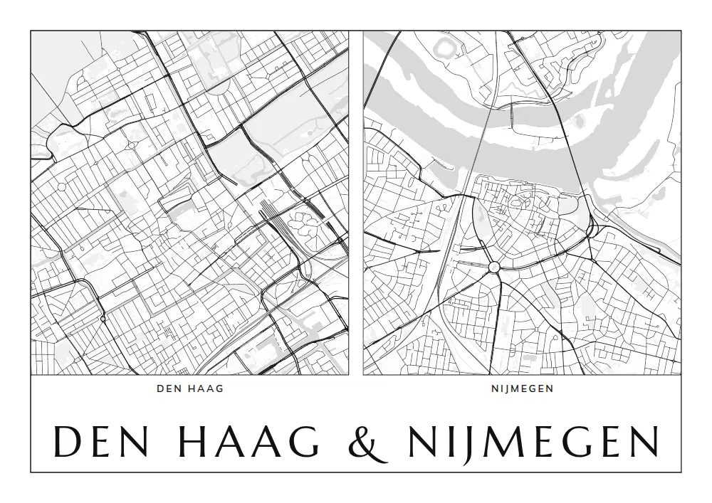 Stadsposter met twee kaarten naast elkaar, van Den Haag en Nijmegen, in de stijl Twee plekken