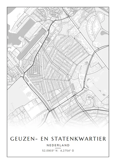Poster van Den Haag, de wijk Geuzen- en Statenkwartier, stadsposter in de stijl Zwart-wit