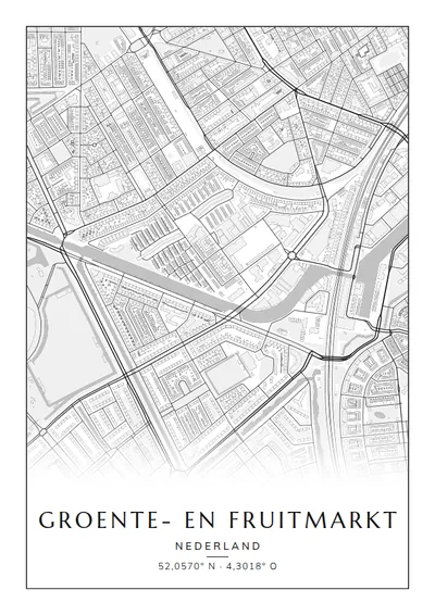 Poster van Den Haag, de wijk Groente- en Fruitmarkt, stadsposter in de stijl Zwart-wit