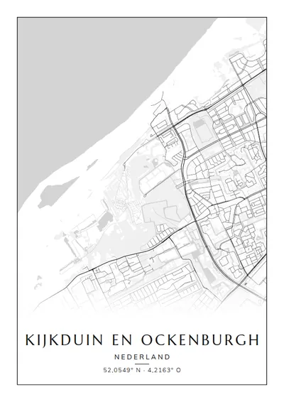 Poster van Den Haag, de wijk Kijkduin en Ockenburgh, stadsposter in de stijl Zwart-wit