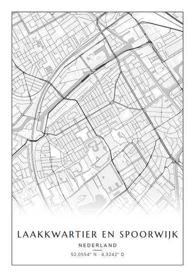 Poster van Den Haag, de wijk Laakkwartier en Spoorwijk, stadsposter in de stijl Zwart-wit
