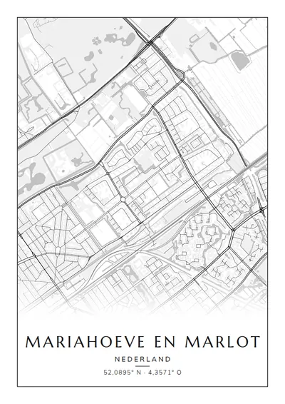 Poster van Den Haag, de wijk Mariahoeve en Marlot, stadsposter in de stijl Zwart-wit