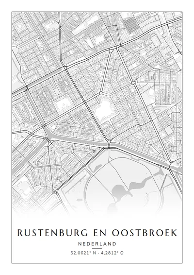 Poster van Den Haag, de wijk Rustenburg en Oostbroek, stadsposter in de stijl Zwart-wit