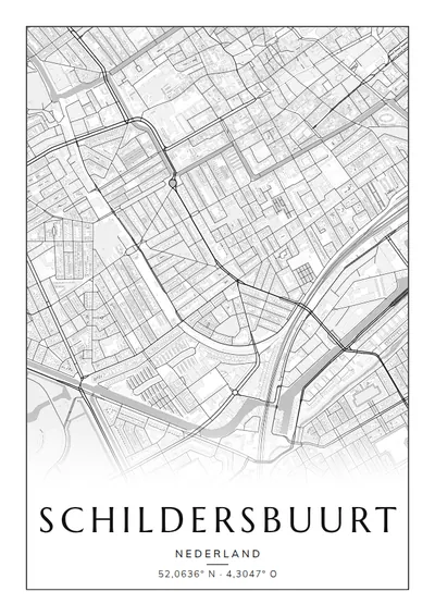 Poster van Den Haag, de wijk Schildersbuurt, stadsposter in de stijl Zwart-wit