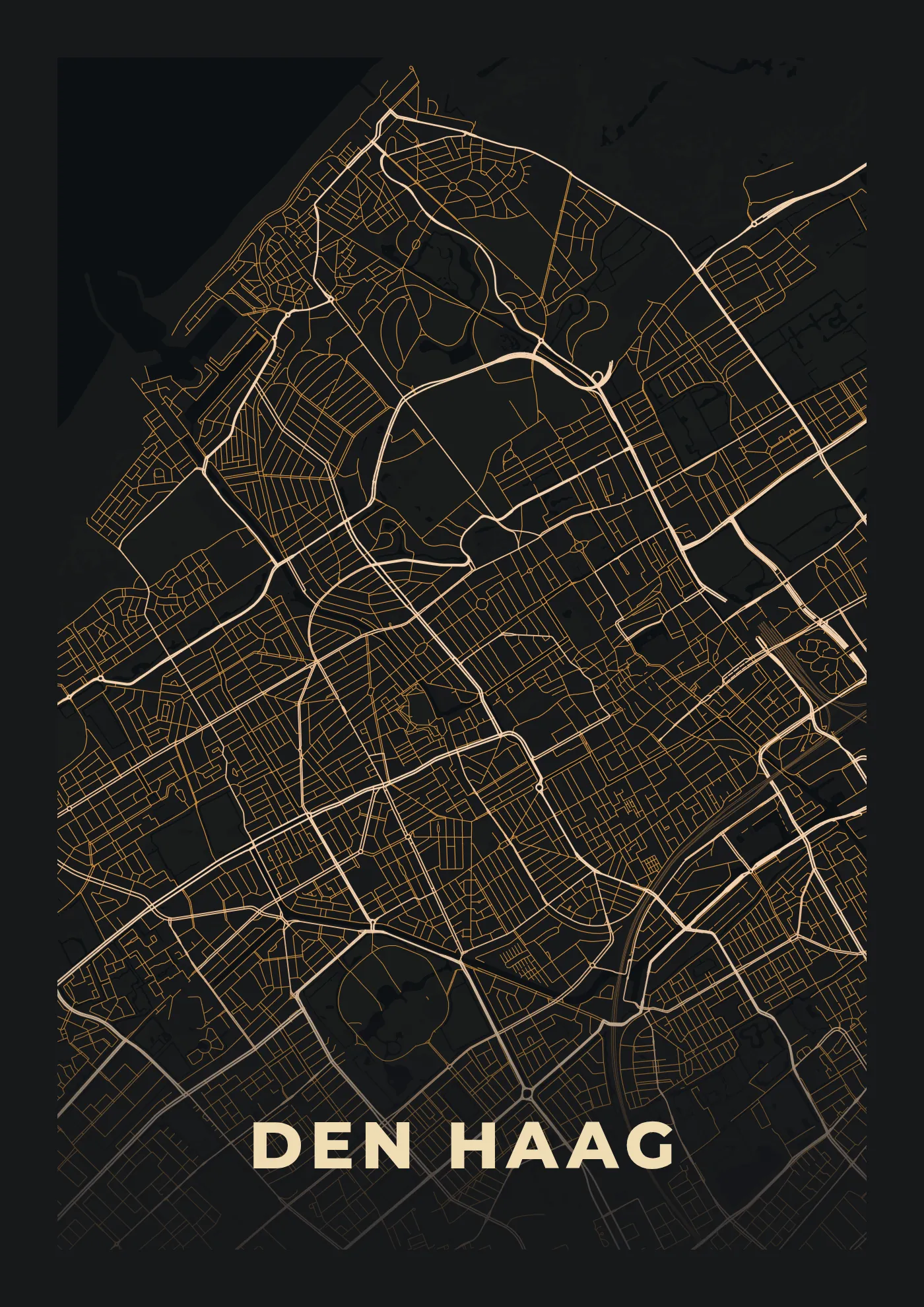 Poster van Den Haag, de hele stad, stadsposter in de stijl Stad bij nacht
