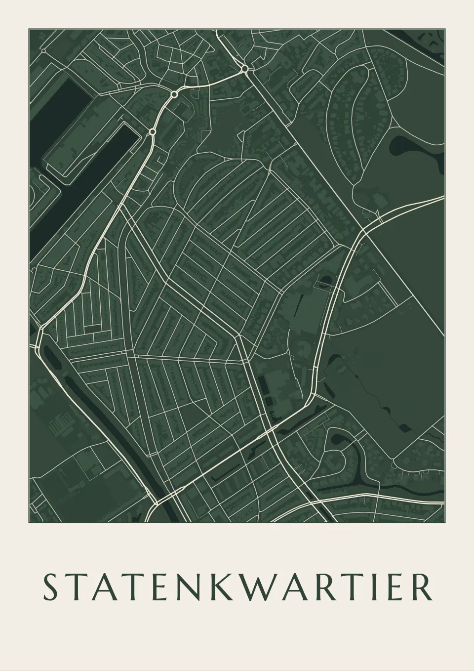 Poster van Den Haag, de wijk Statenkwartier, stadsposter in de stijl Diep groen