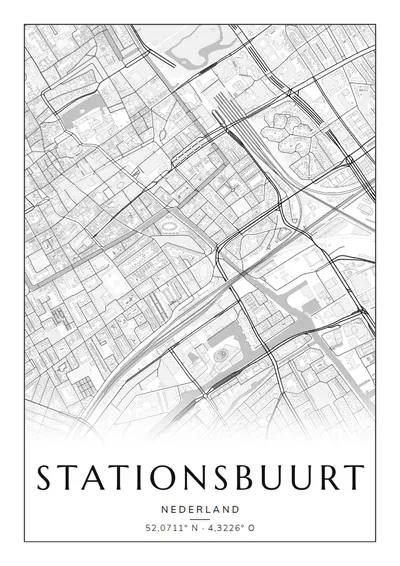 Poster van Den Haag, de wijk Stationsbuurt, stadsposter in de stijl Zwart-wit