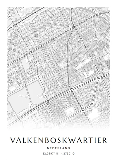 Poster van Den Haag, de wijk Valkenboskwartier, stadsposter in de stijl Zwart-wit