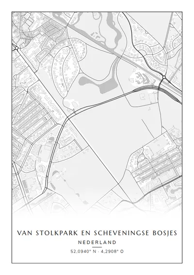 Poster van Den Haag, de wijk Van Stolkpark en Scheveningse Bosjes, stadsposter in de stijl Zwart-wit