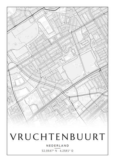 Poster van Den Haag, de wijk Vruchtenbuurt, stadsposter in de stijl Zwart-wit