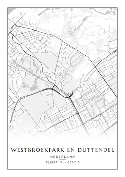 Poster van Den Haag, de wijk Westbroekpark en Duttendel, stadsposter in de stijl Zwart-wit