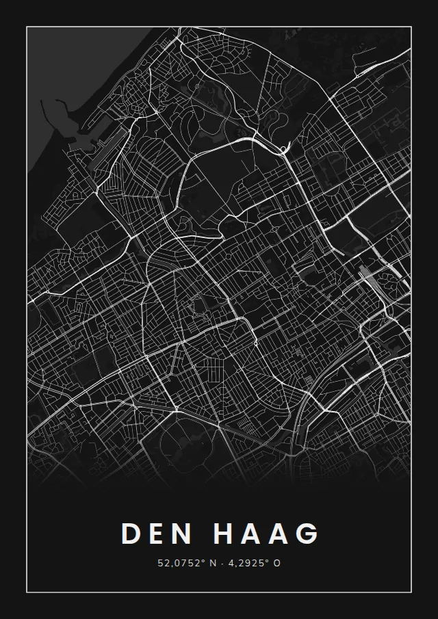 Poster van Den Haag, de hele stad, stadsposter in de stijl Wit op zwart
