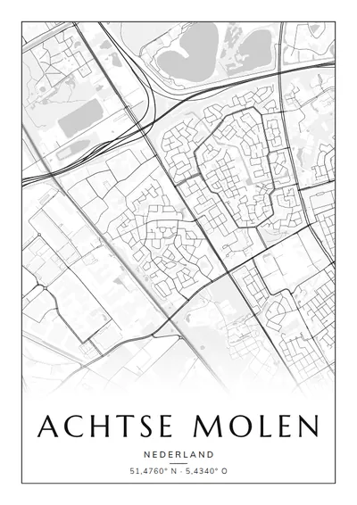 Poster van Eindhoven, de wijk Achtse Molen, stadsposter in de stijl Zwart-wit