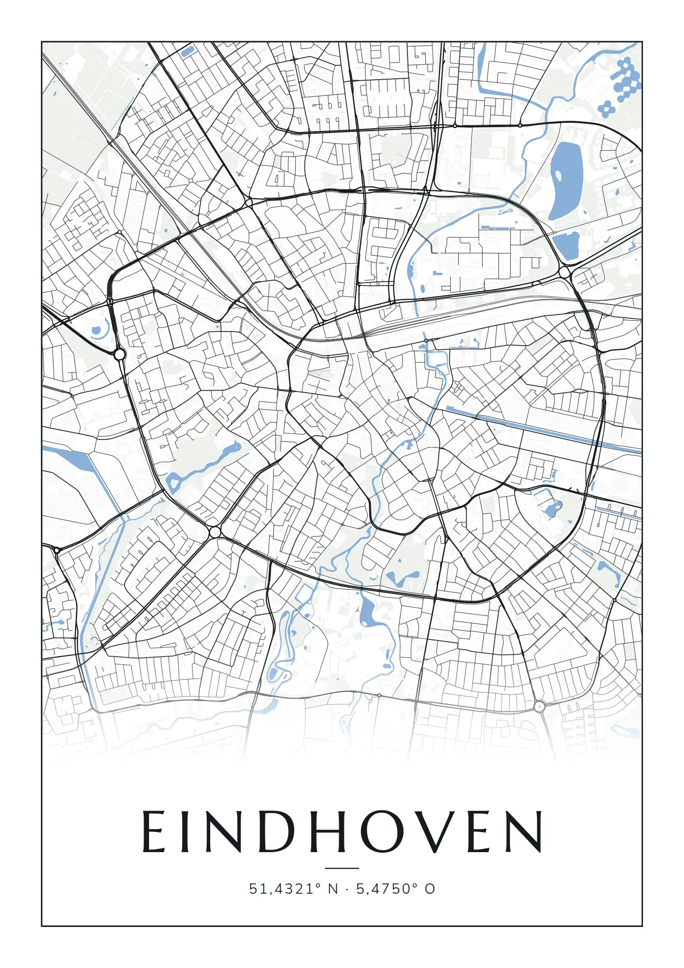 Poster van Eindhoven, de hele stad, stadsposter in de stijl Blauw water