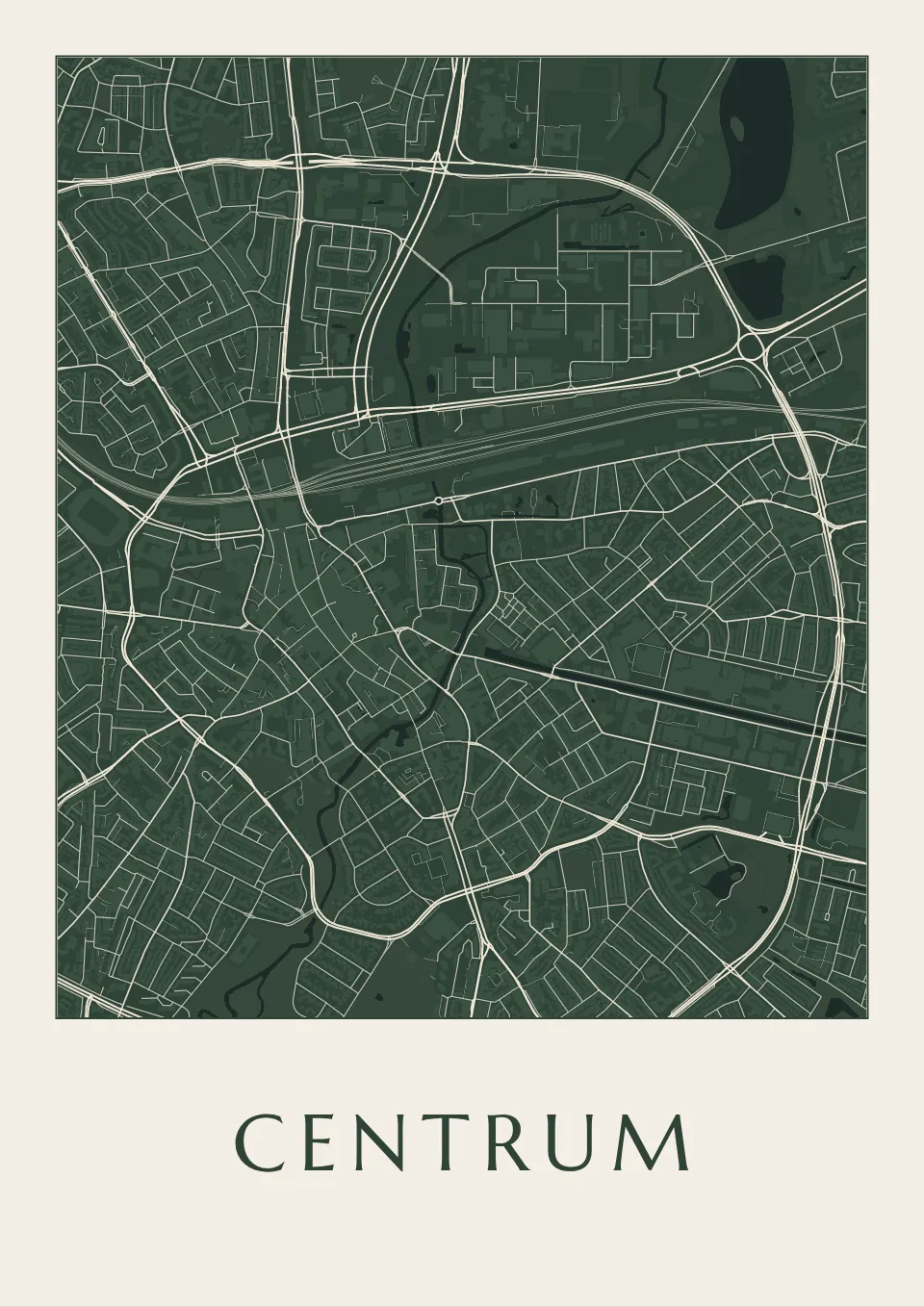 Poster van Eindhoven, de wijk Centrum, stadsposter in de stijl Diep groen