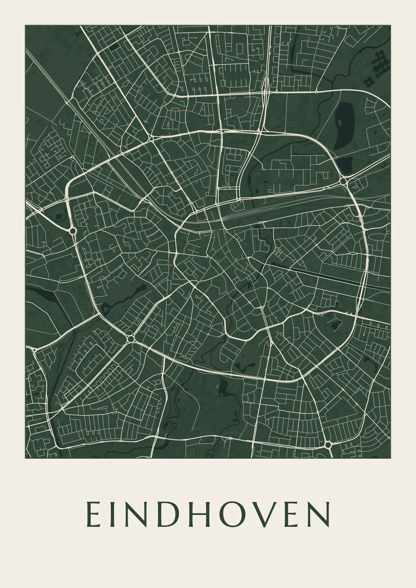 Poster van Eindhoven, de hele stad, stadsposter in de stijl Diep groen