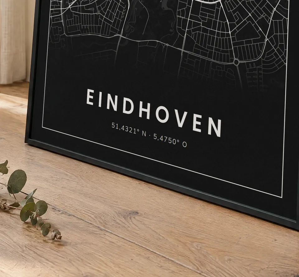 Poster van Eindhoven, de hele stad, stadsposter in de stijl Wit op zwart, in een zwarte lijst