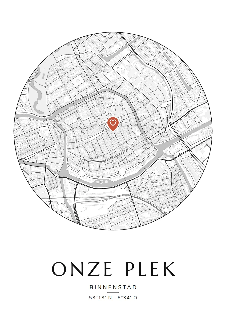 Poster van Groningen, de wijk Binnenstad, stadsposter in de stijl Onze plek