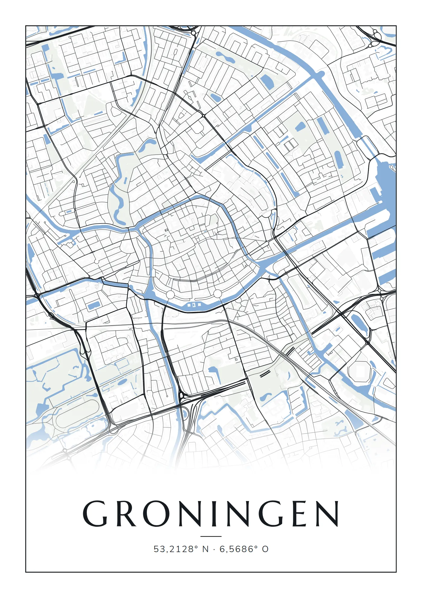 Poster van Groningen, de hele stad, stadsposter in de stijl Blauw water