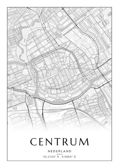 Poster van Groningen, de wijk Centrum, stadsposter in de stijl Zwart-wit