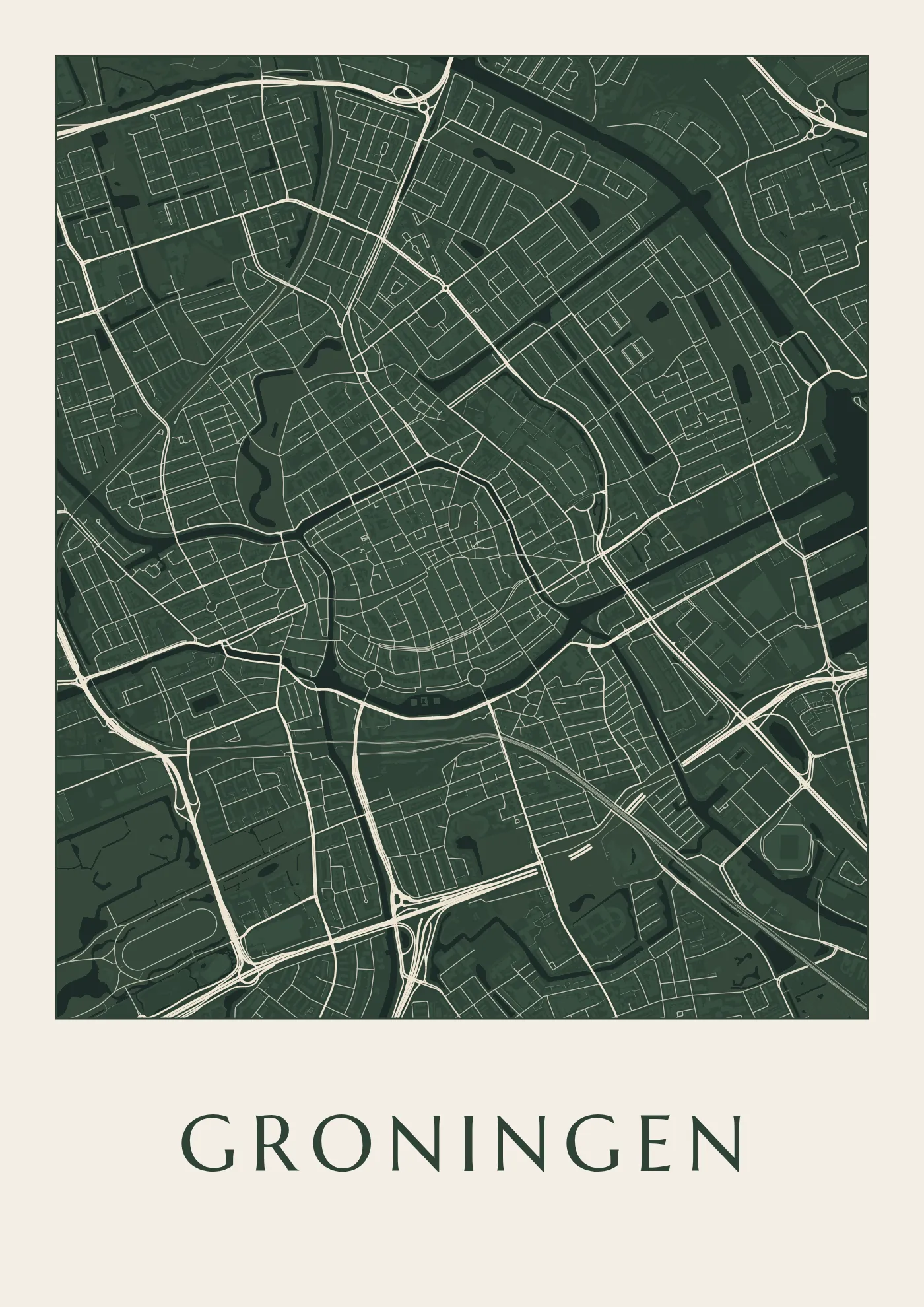 Poster van Groningen, de hele stad, stadsposter in de stijl Diep groen