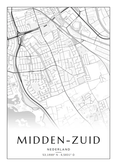 Poster van Groningen, de wijk Midden-Zuid, stadsposter in de stijl Zwart-wit